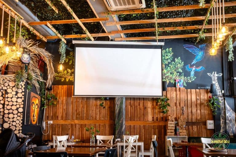 Inside room with projector screen for presentations